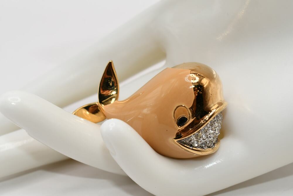 Vintage JOMAZ Whale Brooch Beige Enamel Pave Rhinestone